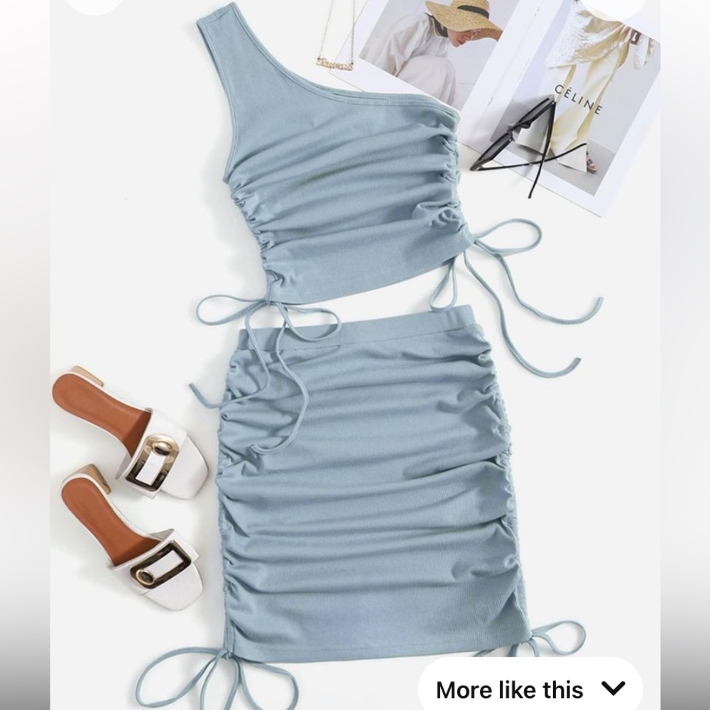 One Shoulder Drawstring Ruched Side Top and Skirt Set